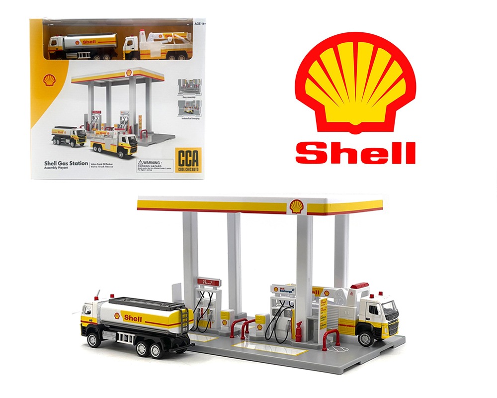 Shell Gas Station Playset con camiones Volvo Oil Tanker & Volvo Tow Truck